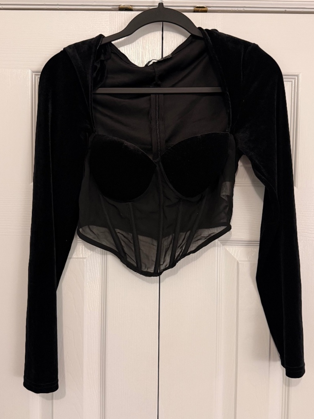 PrettyLittleThing Black Velvet Corset Top Size 4 Mesh Bustier